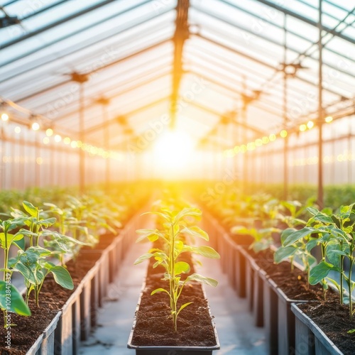 Sunlit greenhouses with light shining through glass panels, emphasizing growth and sustainability, greenhouse sunlight, eco-conscious living
