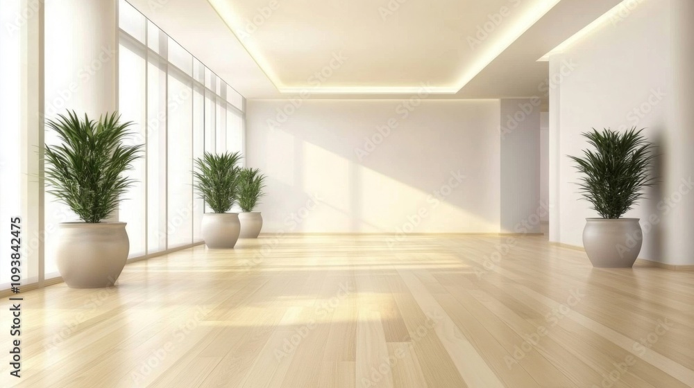 Minimalist Interior with Large Windows, Bright Natural Light and Decorative Plants in Contemporary Space Emphasizing Open Design and Modern Aesthetics Minimalist Interior with Large Windows, Bright Natural Light and Decorative Plants in Contemporary Space Emphasizing Open Design and Modern Aesthetics