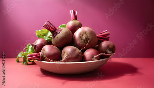 Fresh Beetroot in a bowl on Pastel purplish red background photo