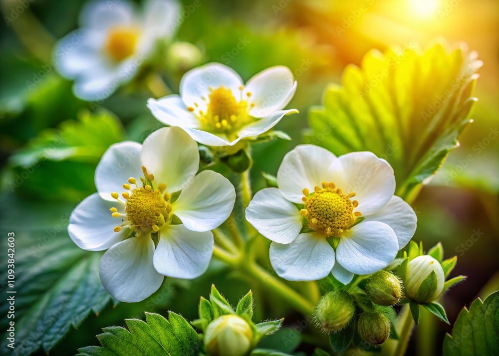 Close-up of Organic Strawberry Flowers in a Lush Garden Setting, Capturing the Delicate Petals and Green Foliage, Perfect for Nature and Gardening Themes Close-up of Organic Strawberry Flowers in a Lush Garden Setting, Capturing the Delicate Petals and Green Foliage, Perfect for Nature and Gardening Themes