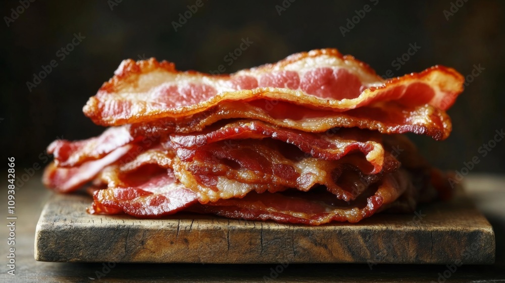 Crispy Cooked Bacon Stacks on a Wooden Cutting Board with a Rich Brown Background for Food Photography and Culinary Visuals Crispy Cooked Bacon Stacks on a Wooden Cutting Board with a Rich Brown Background for Food Photography and Culinary Visuals