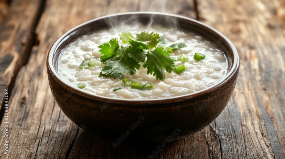 A steaming bowl of creamy rice porridge garnished with fresh cilantro and chopped green onions, served in a rustic dark bowl on a wooden table background A steaming bowl of creamy rice porridge garnished with fresh cilantro and chopped green onions, served in a rustic dark bowl on a wooden table background