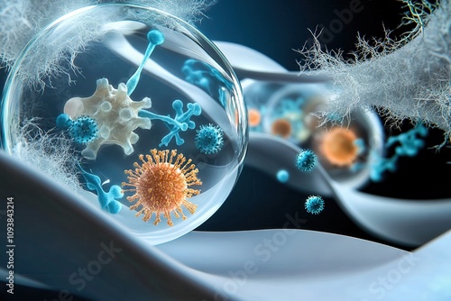 intricate microscopic view of interconnected organic forms with cellular structures, vibrant virus-like shapes, and soft flowing filaments in a dynamic and serene scientific backdrop