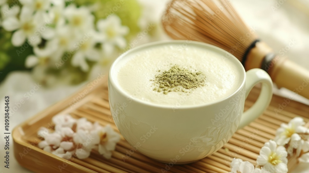 Creamy Matcha Latte in a White Cup with Bamboo Whisk Surrounded by Beautiful Flowers and Natural Elements for a Tranquil Tea Experience Creamy Matcha Latte in a White Cup with Bamboo Whisk Surrounded by Beautiful Flowers and Natural Elements for a Tranquil Tea Experience