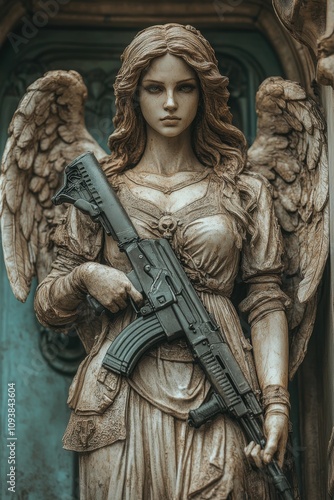 An angel statue holding a modern assault rifle. photo