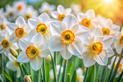 Close-Up Photography of White Narcissus Blooms Showcasing Delicate Petals and Vibrant Green Leaves for Nature and Floral Enthusiasts