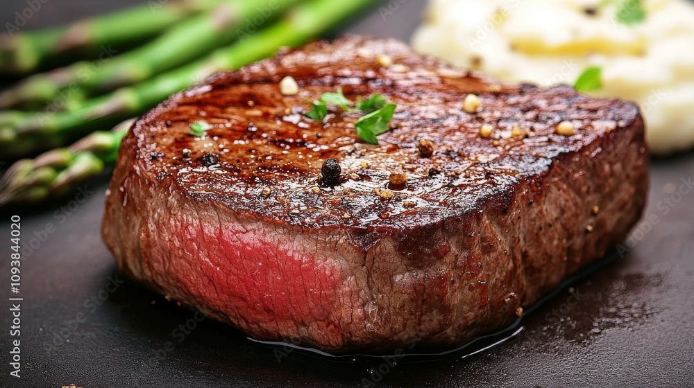 Tender and Juicy Grilled Steak Served with Fresh Asparagus and Creamy Mashed Potatoes on a Rustic Table with Gourmet Seasoning Tender and Juicy Grilled Steak Served with Fresh Asparagus and Creamy Mashed Potatoes on a Rustic Table with Gourmet Seasoning