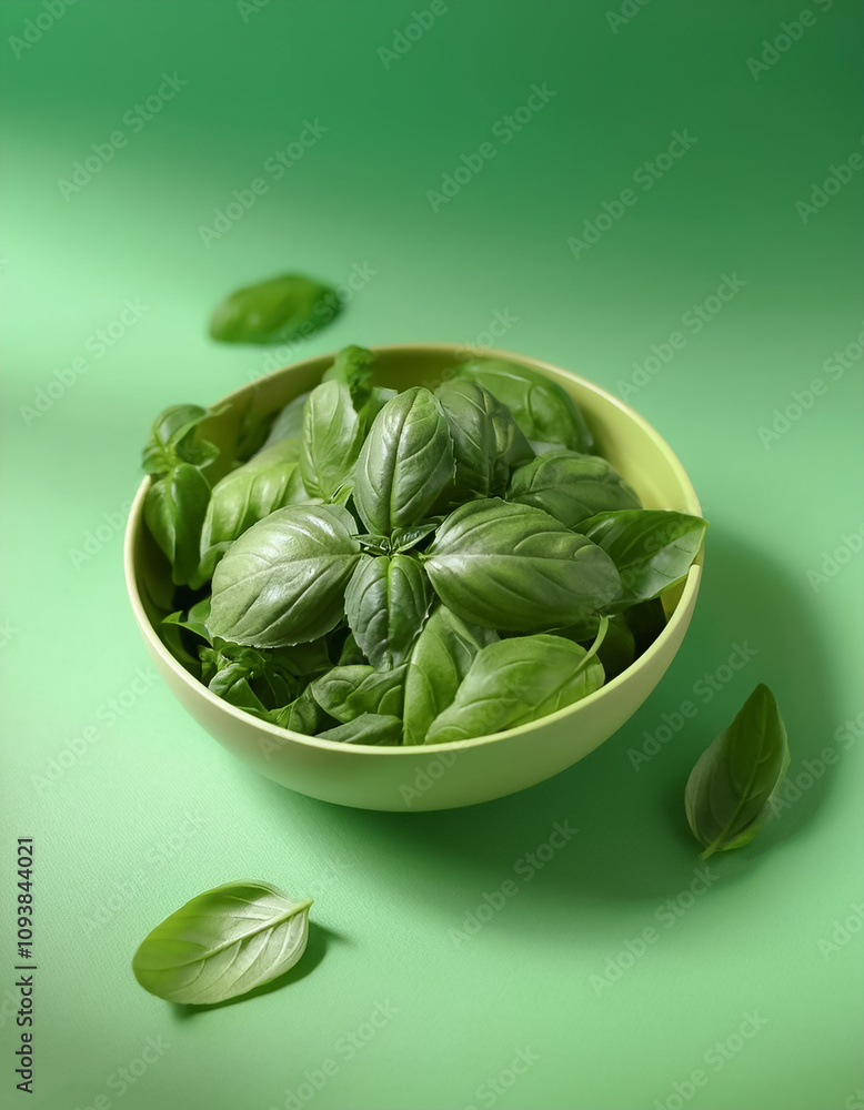 Fresh Basil Leaves in a bowl on Pastel lime green background Fresh Basil Leaves in a bowl on Pastel lime green background