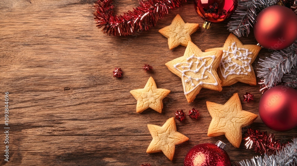Festive Star-Shaped Cookies with Icing Surrounded by Christmas Decorations on a Rustic Wooden Table for Holiday Celebrations and Gatherings Festive Star-Shaped Cookies with Icing Surrounded by Christmas Decorations on a Rustic Wooden Table for Holiday Celebrations and Gatherings