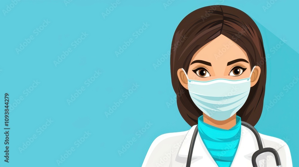 A female doctor in a hijab and mask stands confidently against a bright blue backdrop, symbolizing strength and care. A female doctor in a hijab and mask stands confidently against a bright blue backdrop, symbolizing strength and care.