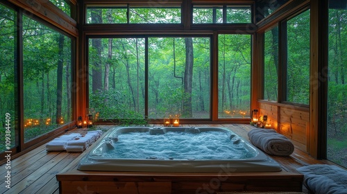 Tranquil Indoor Hot Tub Surrounded by Lush Greenery in a Serene Forest Setting, Inviting Relaxation and Rejuvenation in Nature's Embrace photo