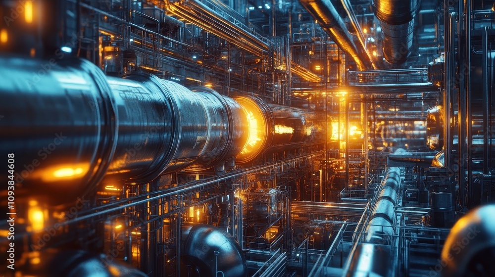 Intricate Industrial Pipeline System Glowing Brightly Intricate Industrial Pipeline System Glowing Brightly