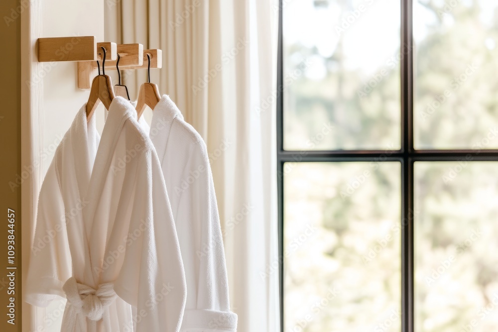 White bathrobes and towels in a spa setting with wooden shelves and minimalist decor. White bathrobes and towels in a spa setting with wooden shelves and minimalist decor.