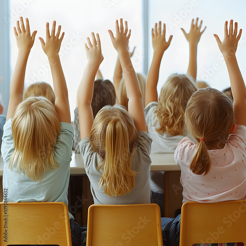 rear view of school children sitting at the desk in classroom, raising hands highlighted by white, cinematic, png photo