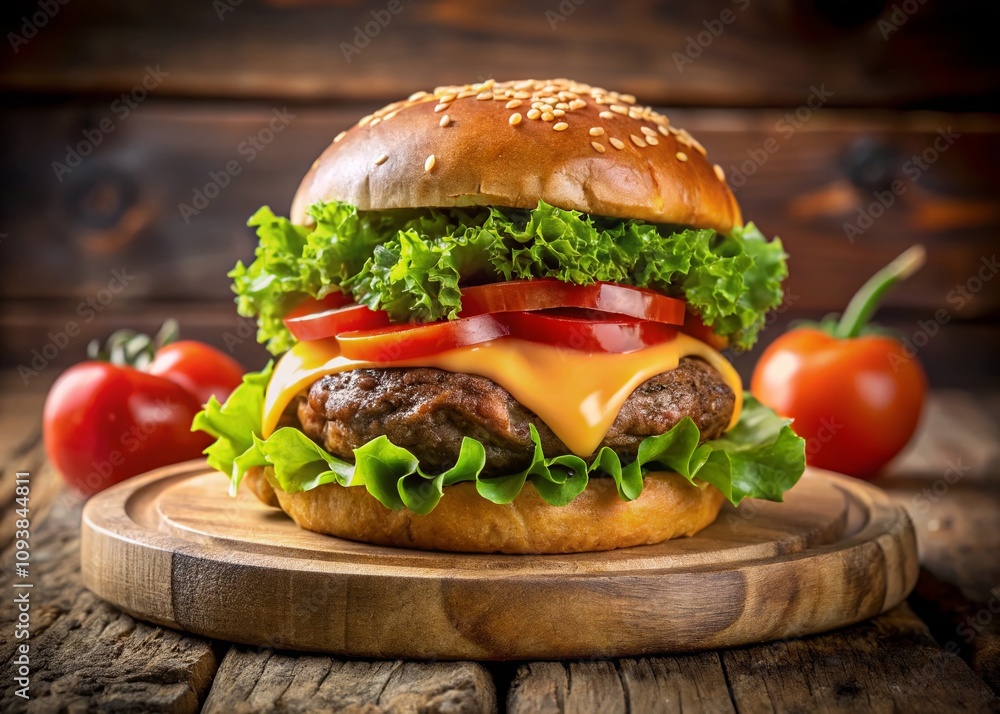 Closeup View of a Juicy Cheeseburger with Melted Cheese, Fresh Lettuce, and Ripe Tomato Served on a Wooden Cutting Board with Blurred Background for Mouthwatering Food Photography Closeup View of a Juicy Cheeseburger with Melted Cheese, Fresh Lettuce, and Ripe Tomato Served on a Wooden Cutting Board with Blurred Background for Mouthwatering Food Photography