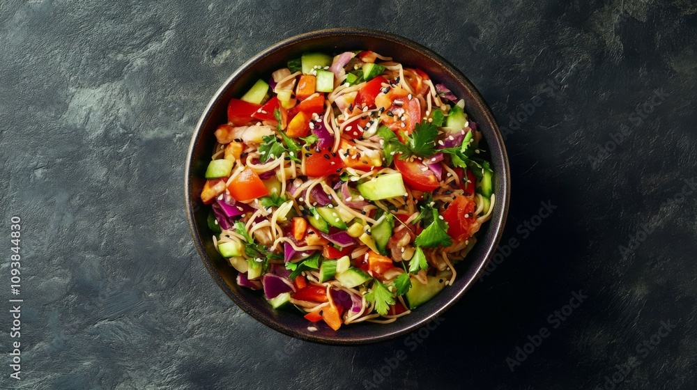 Fresh and Colorful Vegetable Salad with Noodles, Topped with Chopped Herbs and Seeds, Perfect for Healthy Eating and Vibrant Presentation Fresh and Colorful Vegetable Salad with Noodles, Topped with Chopped Herbs and Seeds, Perfect for Healthy Eating and Vibrant Presentation