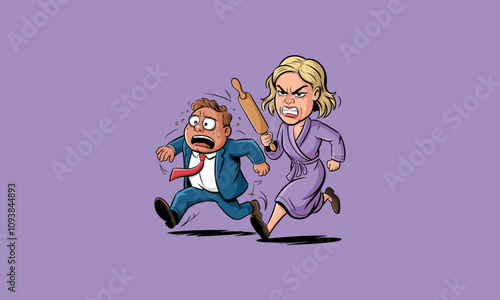 Angry woman chasing scared man with rolling pin