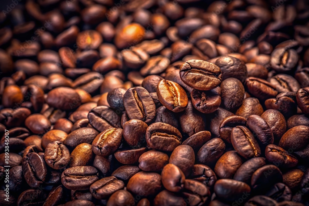 Close-Up View of Dark, Freshly Roasted Coffee Beans on a Coffee Bean Background, Capturing the Richness and Texture of Coffee in a Surreal and Dreamlike Setting Close-Up View of Dark, Freshly Roasted Coffee Beans on a Coffee Bean Background, Capturing the Richness and Texture of Coffee in a Surreal and Dreamlike Setting