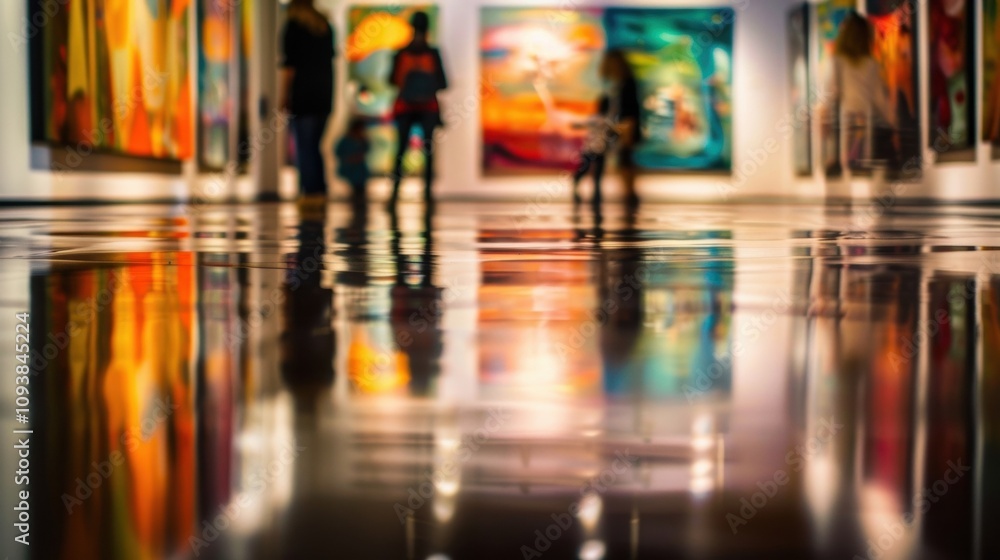 Blurry reflections of the art pieces can be seen on the polished floors adding an extra dimension to the exhibit. Blurry reflections of the art pieces can be seen on the polished floors adding an extra dimension to the exhibit.
