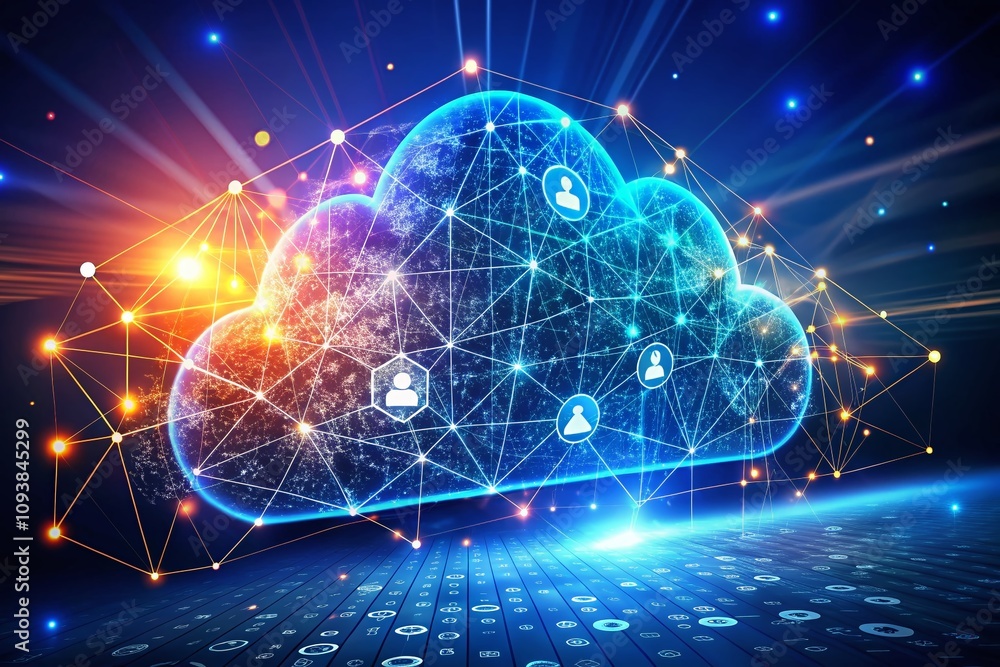 Cloud and Edge Computing Technology Concept Illustrating Cybersecurity Data Protection with Prominent Cloud Icon and Interconnected Polygons on a Dark Blue Background Cloud and Edge Computing Technology Concept Illustrating Cybersecurity Data Protection with Prominent Cloud Icon and Interconnected Polygons on a Dark Blue Background
