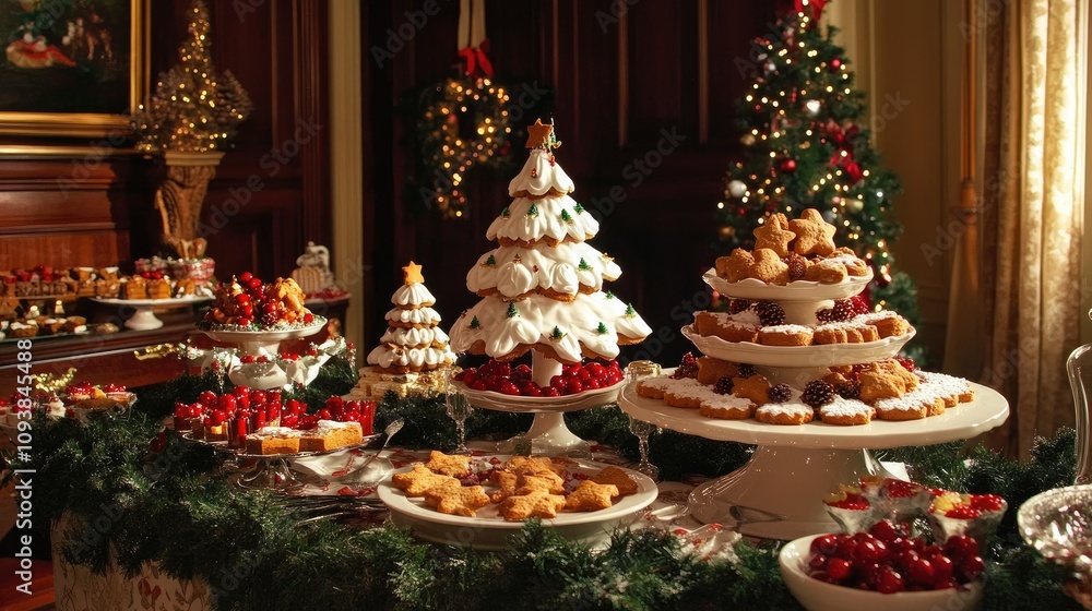 Festive Holiday Dessert Table Display with Christmas Cookies, Cakes, and Decorations in a Beautifully Decorated Interior Setting with Warm Lighting Festive Holiday Dessert Table Display with Christmas Cookies, Cakes, and Decorations in a Beautifully Decorated Interior Setting with Warm Lighting