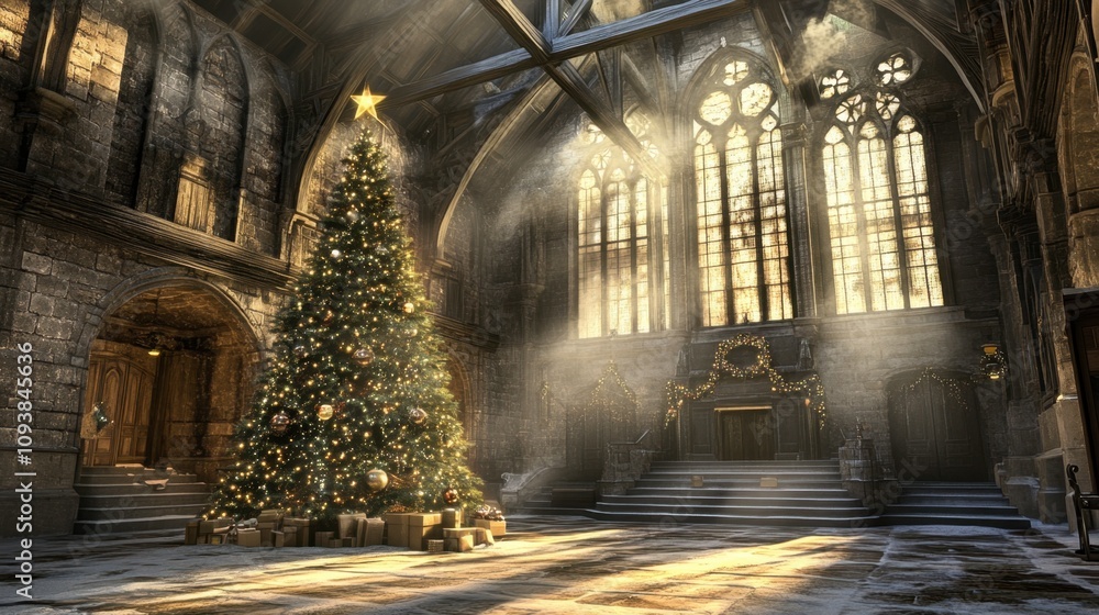 Fototapeta premium Festive Holiday Scene with Christmas Tree in Grand Hall