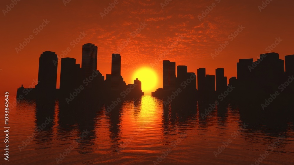 Sunset Over City Skyline with Water Reflection Sunset Over City Skyline with Water Reflection