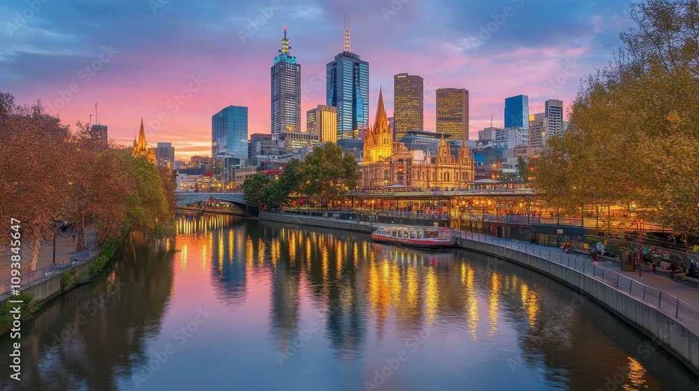 Naklejka premium Stunning Sunrise Over Melbourne Cityscape Reflection