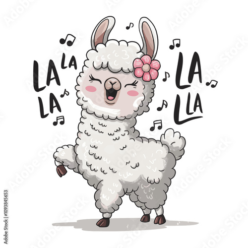 A fluffy, white llama with a joyful expression. It has a pink flower on its ear and is surrounded by musical notes, indicating it might be singing or
making a noise