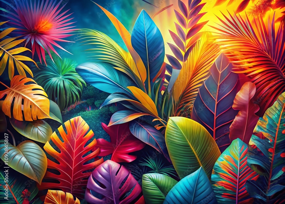 Colorful 3D Tropical Leaves and Summer Foliage in Double Exposure Photography for a Vibrant Abstract Poster Design Celebrating Nature's Beauty and Warmth