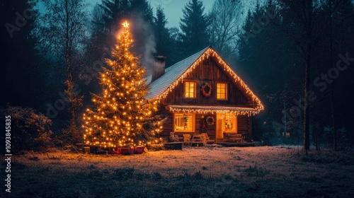 Cozy winter cabin with illuminated Christmas tree surrounded by tranquil forest, evoking a peaceful holiday atmosphere and festive spirit at twilight.