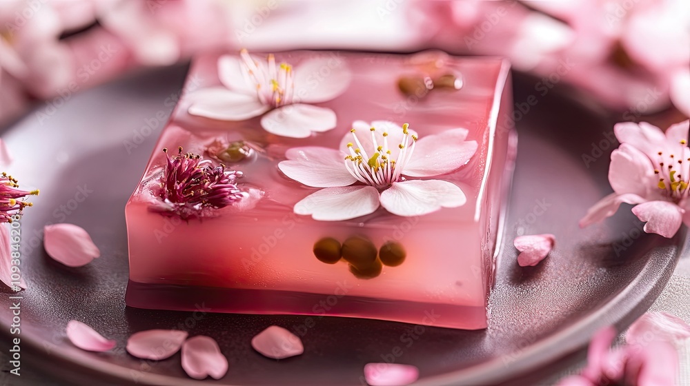 Elegant Floral Gel Dessert on Plate Surrounded by Fresh Pink Petals, Showcasing a Beautifully Crafted Treat with Cherry Blossom Accents for Culinary Inspiration