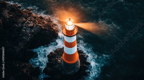 Aerial View of a Bright Coastal Lighthouse