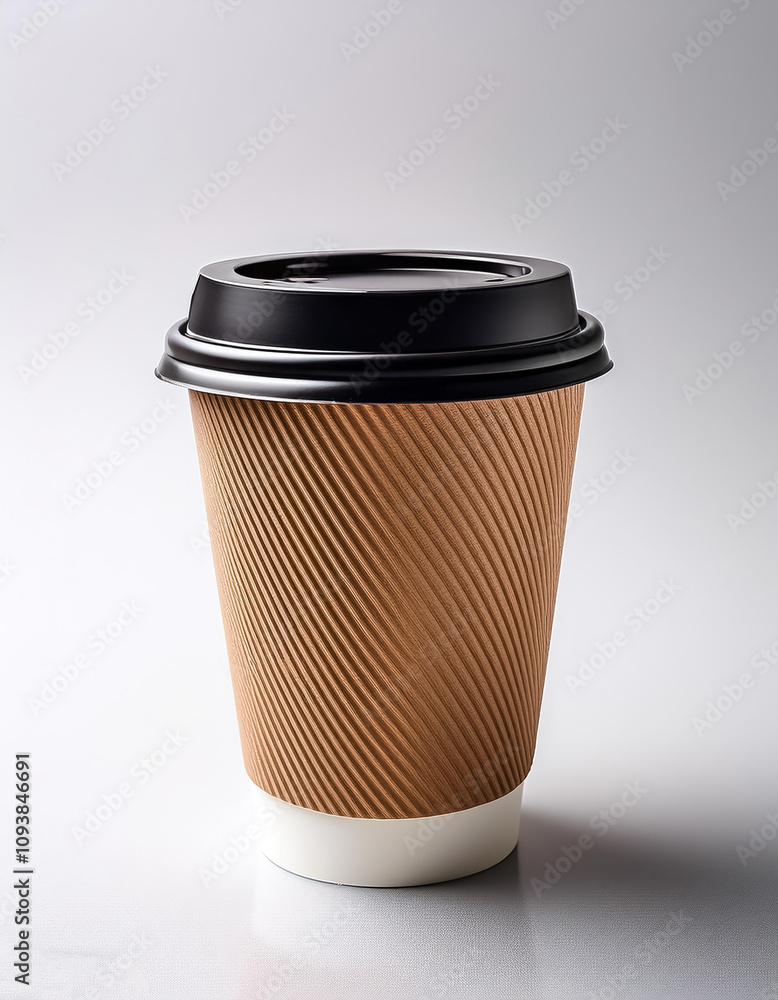 Paper coffee cup with black lid, placed in the center of the frame with a white background Paper coffee cup with black lid, placed in the center of the frame with a white background