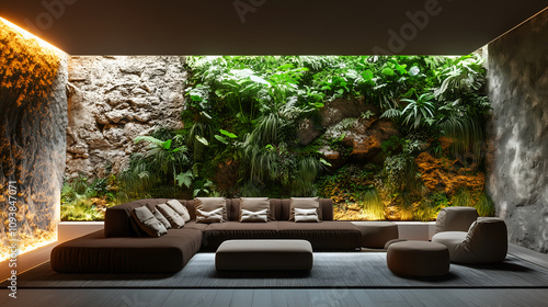 brown sofa and armchairs placed on the floor in front of a stone wall, with green plants behind it. 