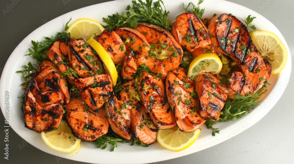 Grilled Salmon Fillets Garnished with Fresh Herbs and Lemon Slices on a White Platter for a Delicious Seafood Dish Grilled Salmon Fillets Garnished with Fresh Herbs and Lemon Slices on a White Platter for a Delicious Seafood Dish