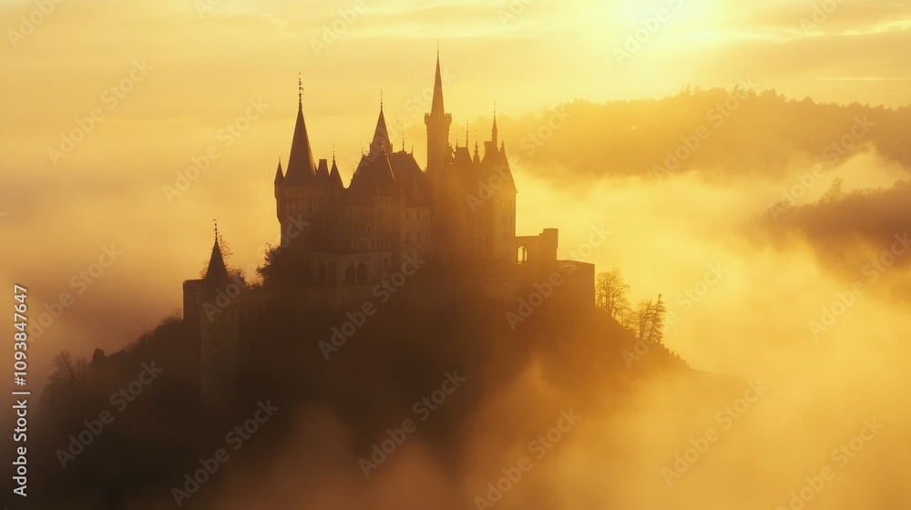 Obraz premium Mysterious fog embracing a golden-hued castle enchanting landscape dreamlike atmosphere serene viewpoint captivating scene