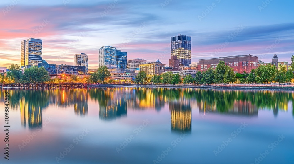 Fototapeta premium Serene Cityscape Reflection at Dusk