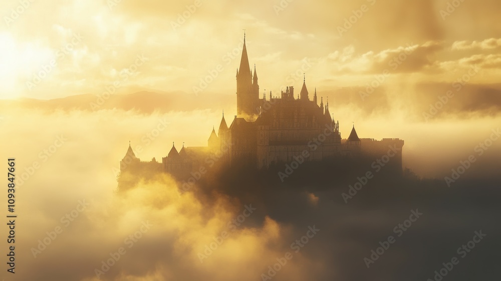 Fototapeta premium Mysterious castle surrounded by fog enveloped in soft golden light - enchanting landscape photography