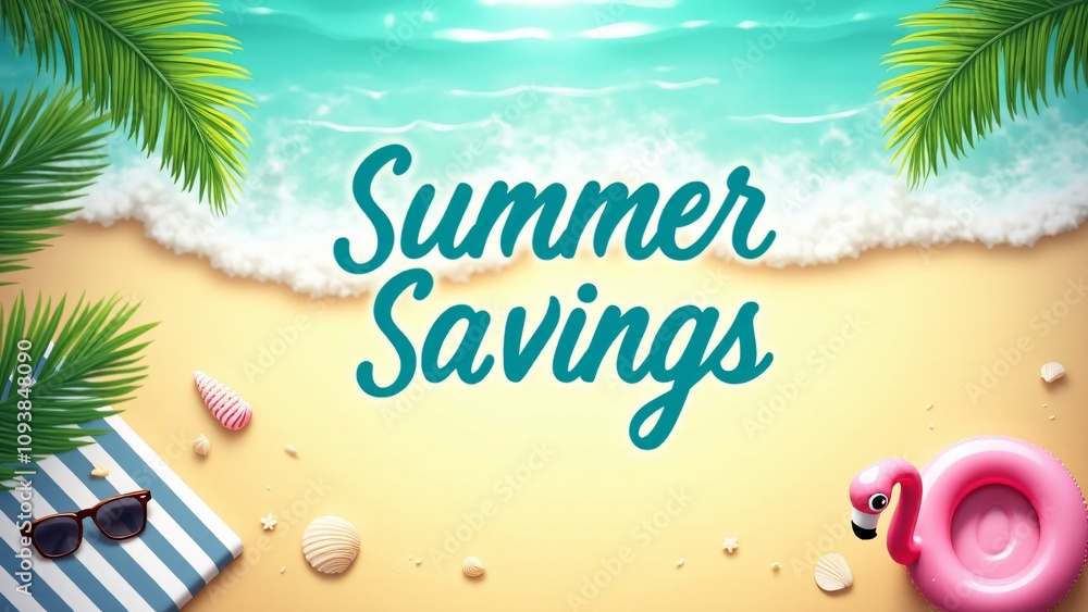 Obraz premium Bright summer savings banner featuring a tropical beach scene with palm leaves, a flamingo float, sunglasses, and seashells. Ideal for seasonal promotions and travel ads.