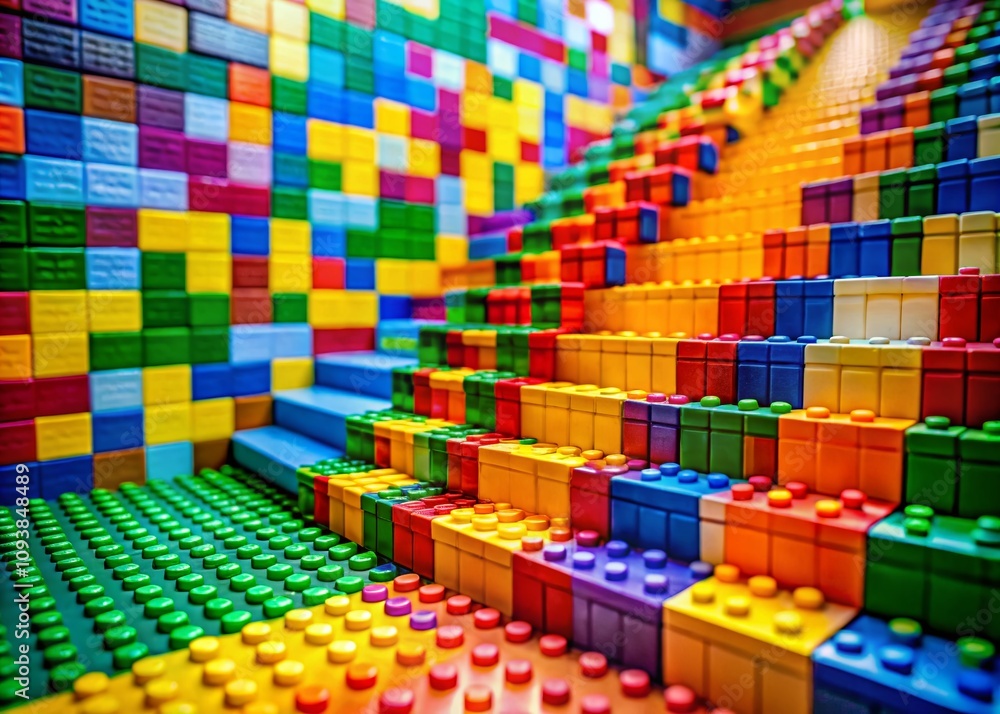 Obraz premium Colorful Staircase Constructed from Toy Blocks Against a Vibrant Background for Creative Playful Imagery and Child Development Concepts