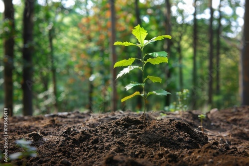 Young Tree Sprouting from Soil in Lush Forest with Sunlight Filtering Through Leaves, Symbolizing Hope and Renewal in Nature's Ecosystem