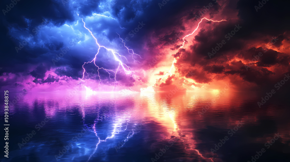 A dramatic scene of colorful lightning striking over a reflective surface. Dramatic Thunderstorm Scene. Illustration A dramatic scene of colorful lightning striking over a reflective surface. Dramatic Thunderstorm Scene. Illustration