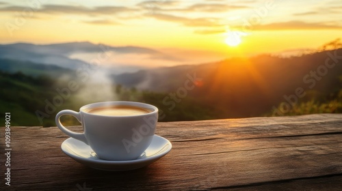 Savoring a steaming cup of coffee on a wooden table at sunrise a morning ritual in nature