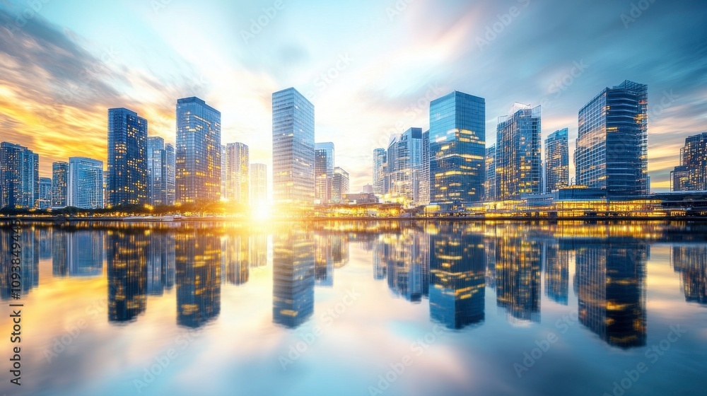 Obraz premium Vibrant City Skyline at Sunset Reflecting on Water