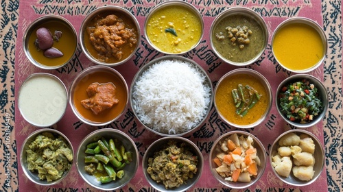 Vibrant Array of Traditional Indian Cuisine Featuring Rice and Assorted Dishes Served in Small Bowls on a Decorative Textile Background