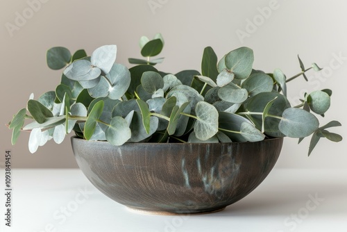 Eucalyptus branches with silvery green leaves sit in a dark wooden bowl, creating a calming and natural aesthetic photo