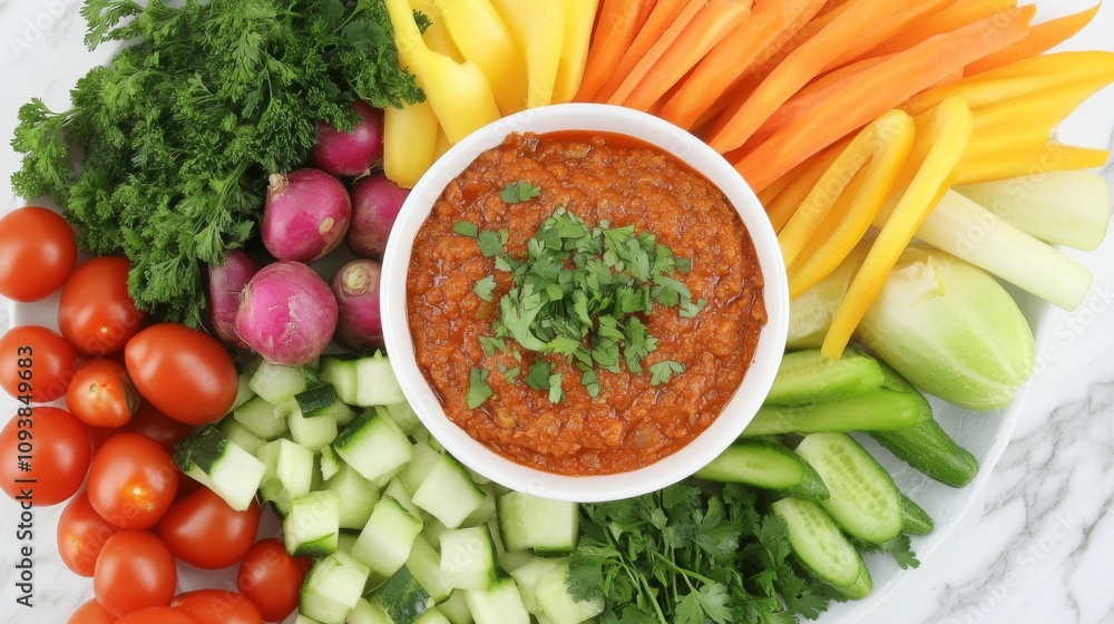 Fresh and Colorful Raw Vegetables Platter with Spicy Dipping Sauce on a Marble Background for Healthy Eating and Culinary Inspiration Fresh and Colorful Raw Vegetables Platter with Spicy Dipping Sauce on a Marble Background for Healthy Eating and Culinary Inspiration