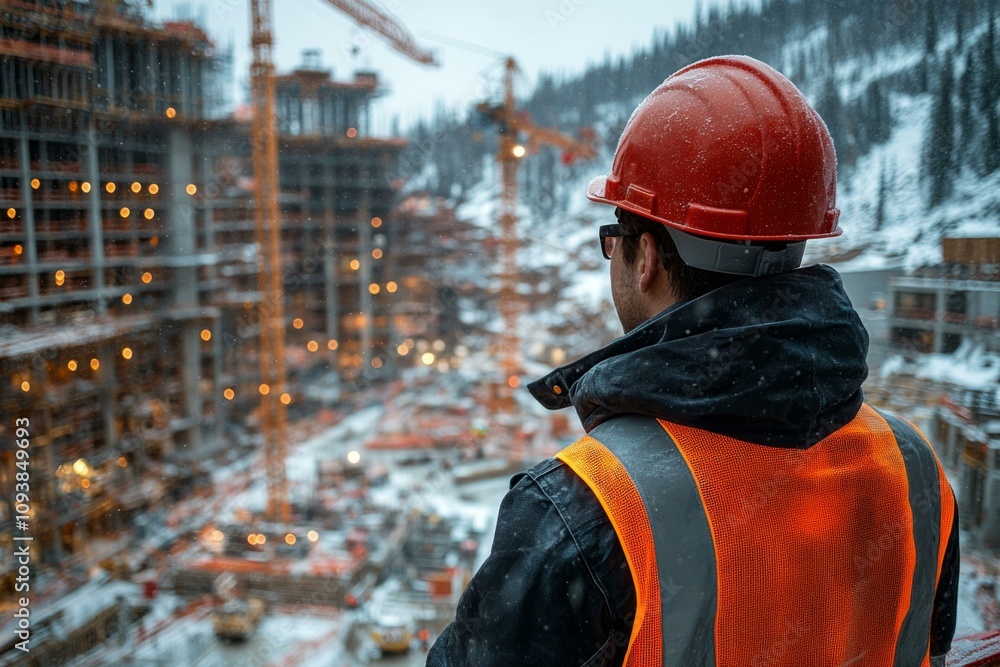 Engineer observing winter construction site with cranes and buildings in progress, wearing safety helmet and vest Engineer observing winter construction site with cranes and buildings in progress, wearing safety helmet and vest