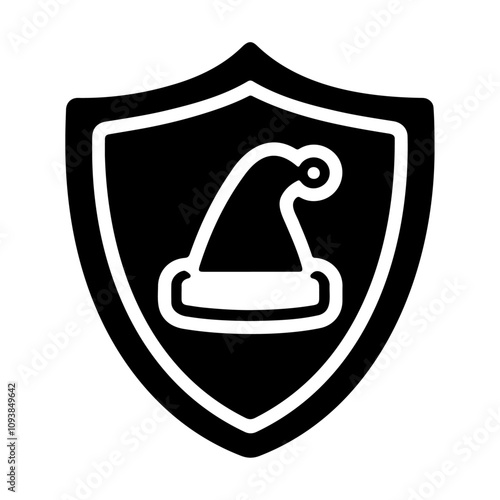 Black silhouette Santa hat or headwear in shield vector icon design